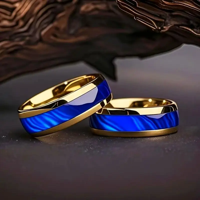 خاتم عصري من الفولاذ المقاوم للصدأ مقاس 8 مم، مرصع بنمط أزرق، تلميع بالتنقيط، بسيط وعصري، مناسب للارتداء اليومي