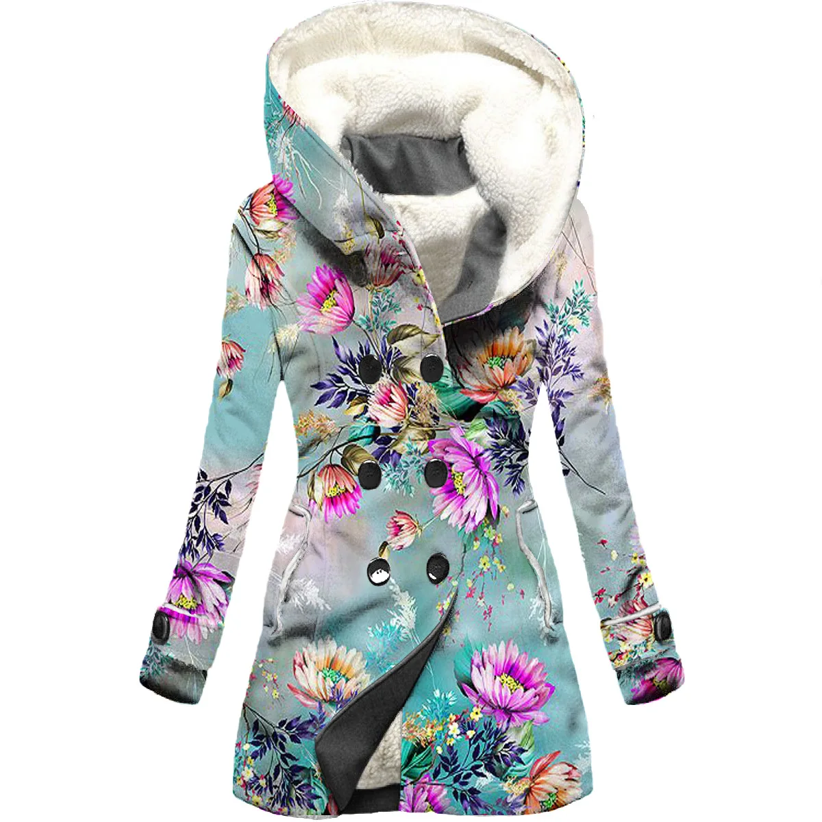 

Flower 3D Printed Fleece Hooded Cloak Women Thick Warm Coat Women's Winter Warm Overcoat casacos femeninos