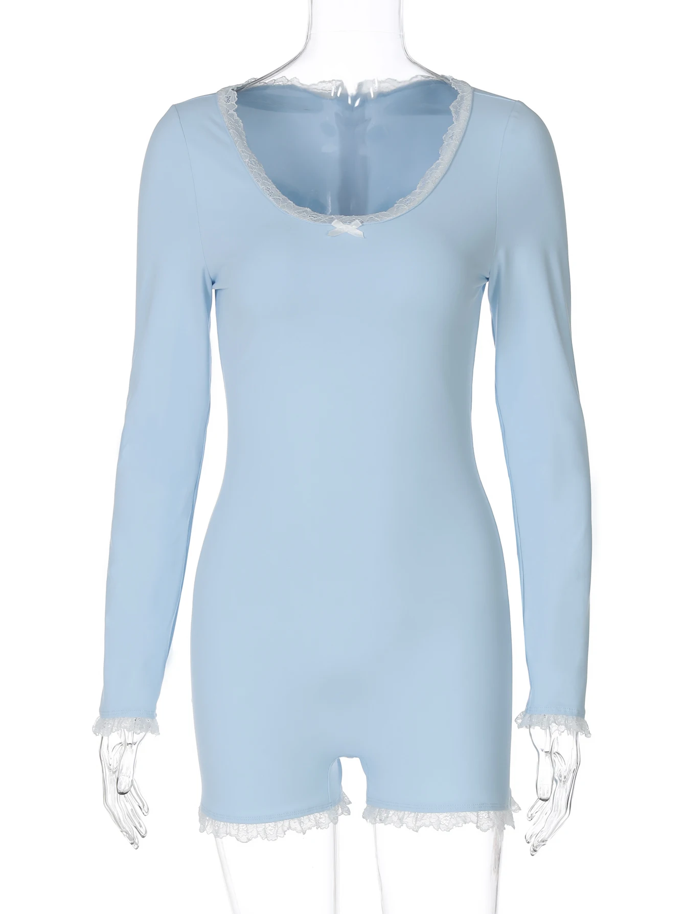 Hugcitar moda sólido cuello redondo manga larga lazo Patchwork encaje cremallera Sexy mono ajustado otoño mujeres Festival deporte mameluco