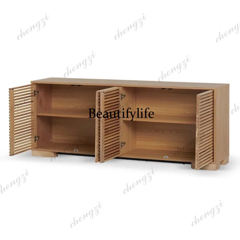 Solid wood TV cabinet Simple living room locker Log 100 pages Hollow grille Entrance cabinet