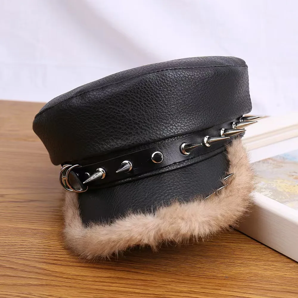 Punk‑Style Flat Cap, Personalized Leather With Long Silver Rivets Hat for Men Women Street Party Daily Wear