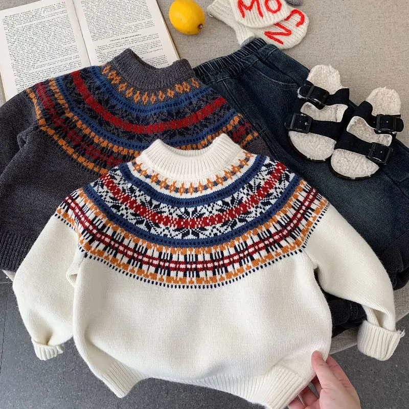 Kinder Pullover Fair Isle Stil Pullover Verdicken Baby Mädchen Jungen Strickwaren Herbst Winter Kinder Mock Neck Weihnachten Tops