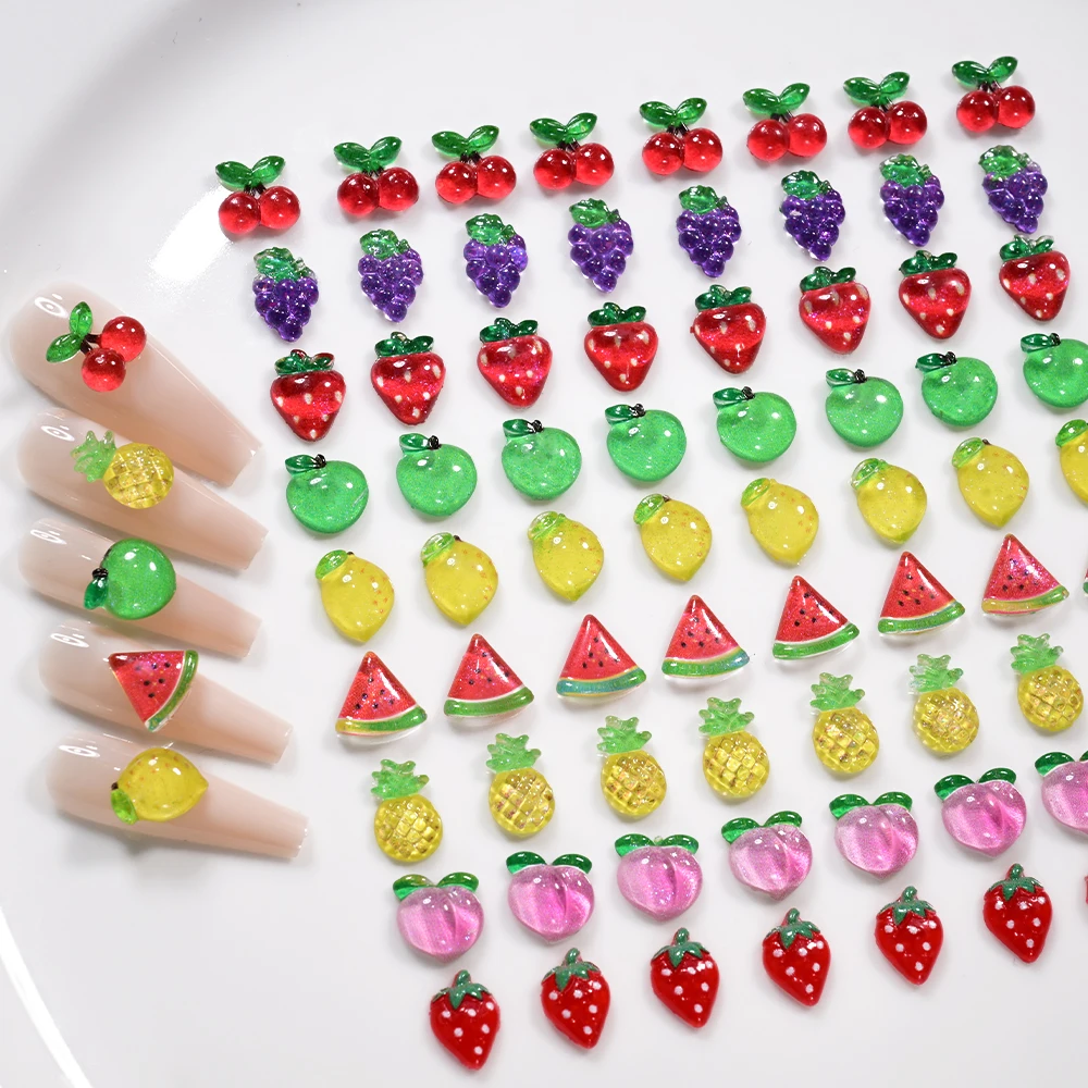 50 Stücke Sommer Gemischte Früchte Nail art Charms 3D Harz Kirsche Erdbeere Ananas Zitrone Pfirsich Strass DIY Handwerk Nagel Dekoration