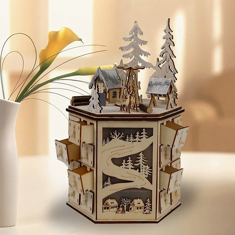 LED Revolving Music Box Advent Calendar Decorated With LED Lights Wooden Carved 24 Day Countdown To Christmas Calendar