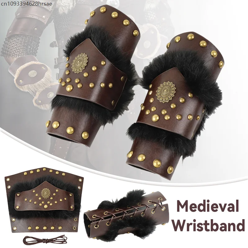 

2 Pcs Medieval Viking Knight Fur Wristband PU Leather Fur Trim Arm Armor Gauntlet Lace-Up Bracers Renaissance Cosplay Props