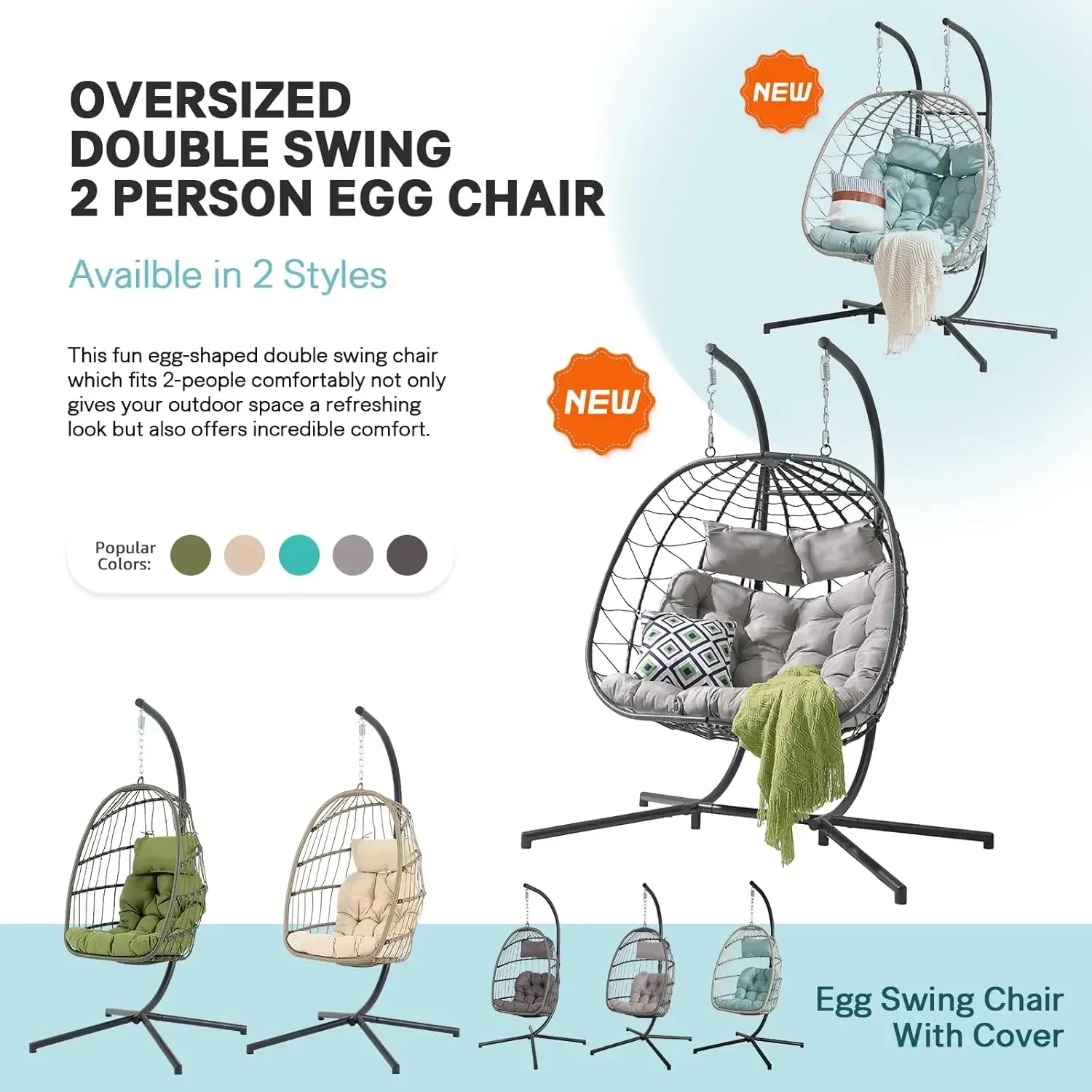 2 Person Double Egg Swing Chair with Stand Indoor Outdoor, Patio Wicker Rattan Hanging Egg Chair , Balcony, Garden (Light Grey)