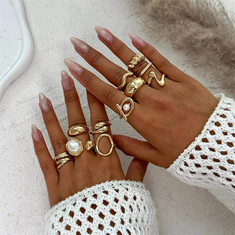 

Fashion Gold Color Pearl Geometric Open Rings Set for Women Exaggerated Metal Irregular Adjustable Ring Waterproof Jewelry Gifts