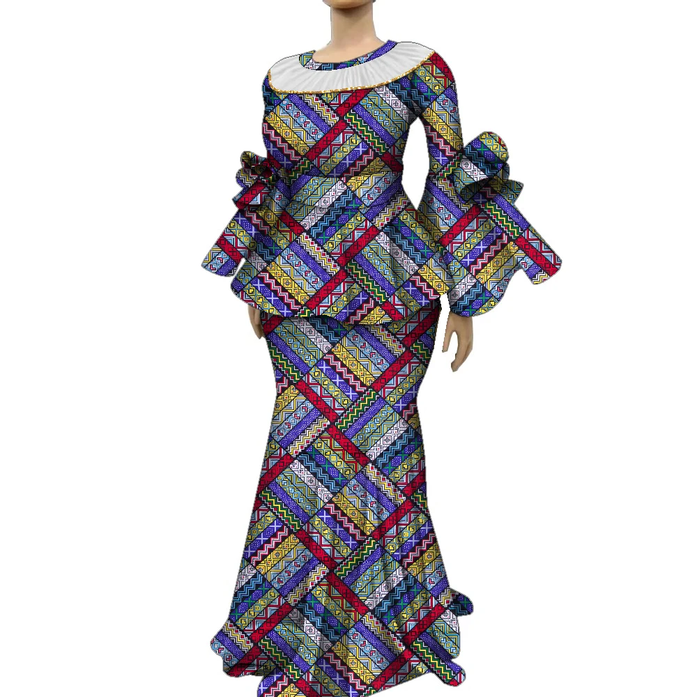 African Skirt Sets for Women Africa Wax Print Dashiki Tops and Long Skirt O-neck Flare Sleeves Women Clothing Plus Size WY2135