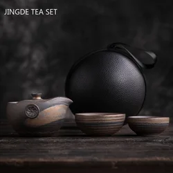 Retro Ceramics Teaware Suit Stoneware Kiln Change Teapot Chinese Tea Ceremony Travel Portable Tea Set One Pot and Two Cups