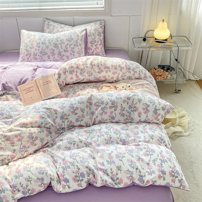 

Spring Floral Duvet Cover Set Washed Cotton Flat Sheet Pillowcase Filler Single Double Size Girls Purple Bedding Linens