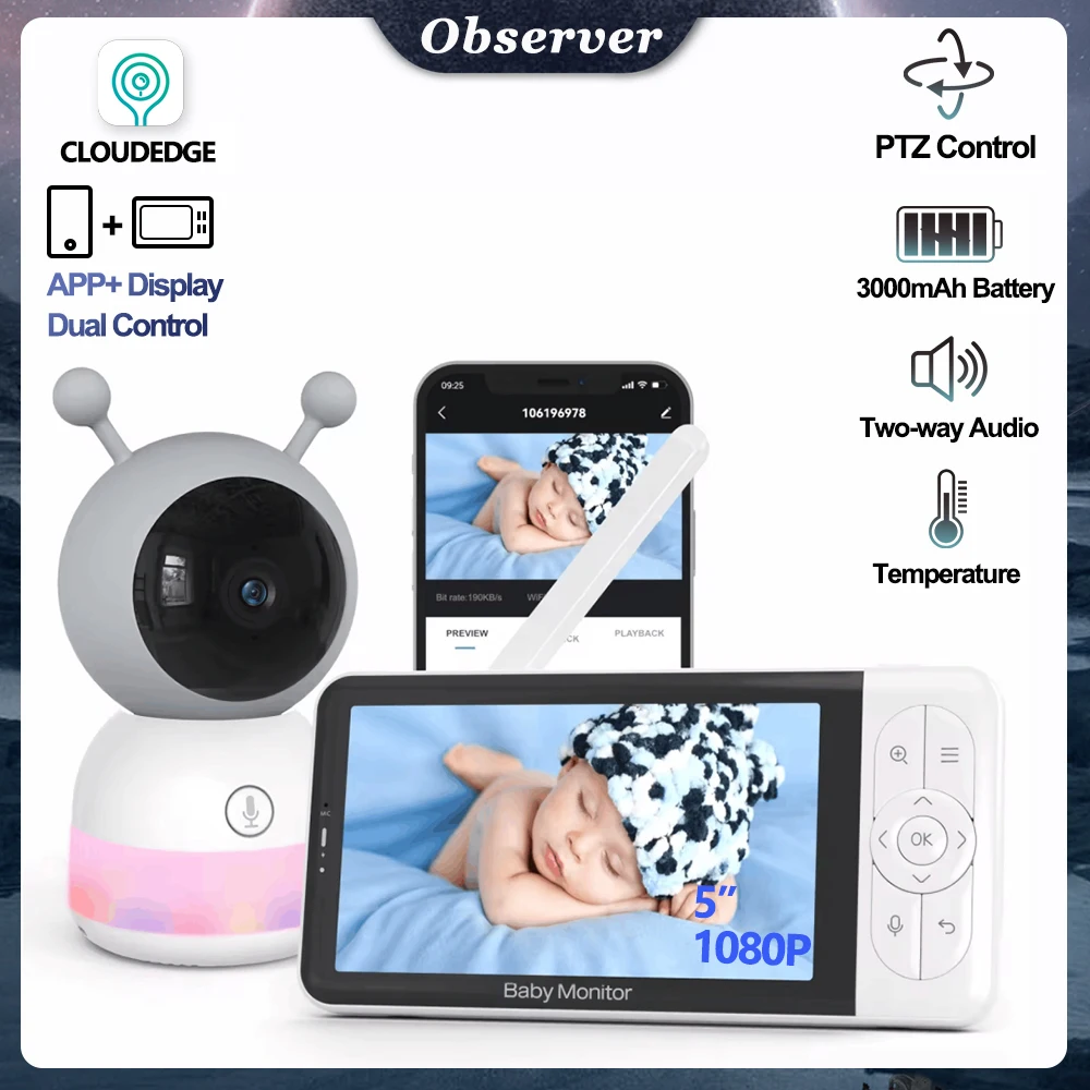 Wifi Baby Monitor Babyphone Video Baby Camera Bebe Nanny RGB Night Light 5 Inch LCD Mobile Phone Control Lullabies for New Born