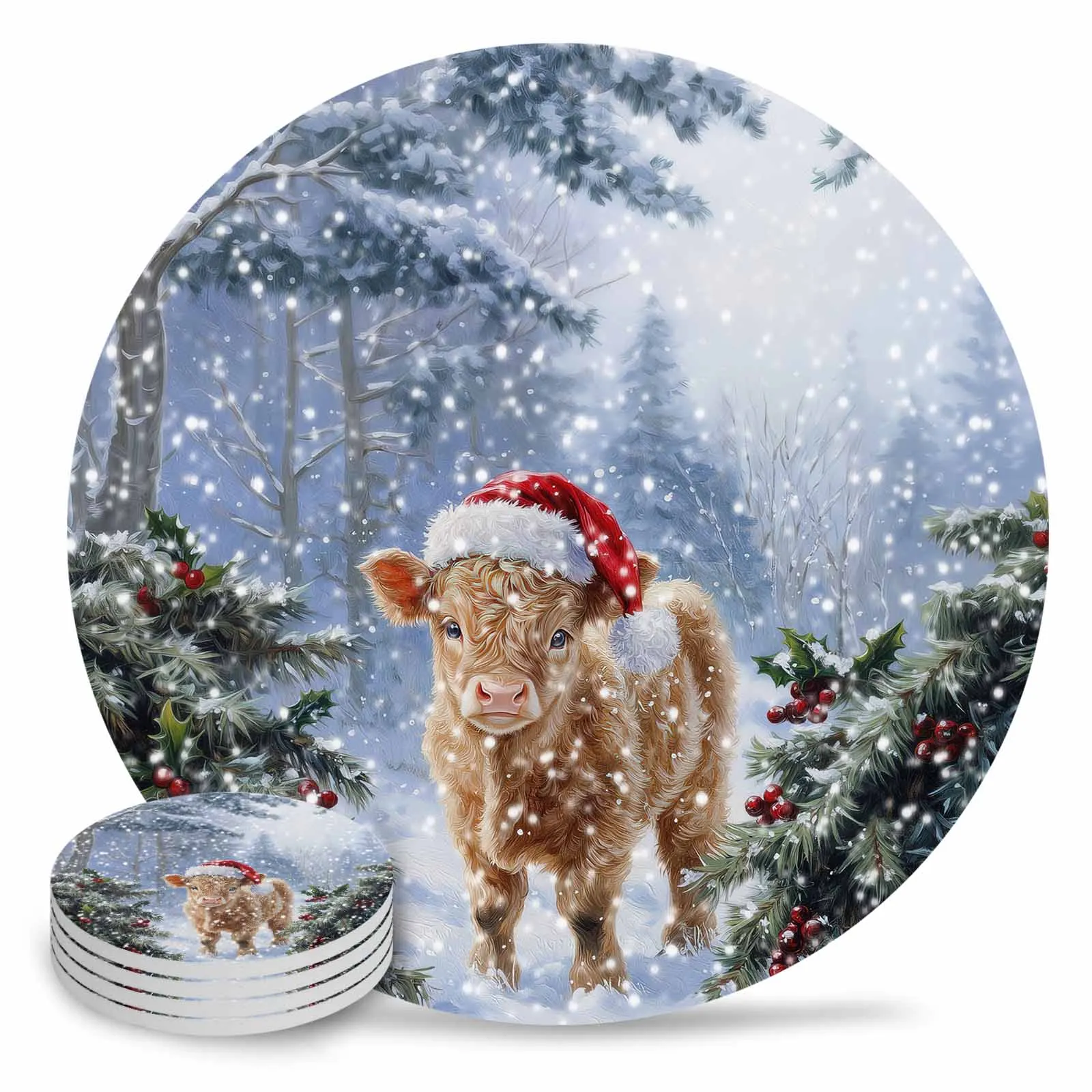 Oil Painting Christmas Hat Highland Cow Ceramic Coaster Set Kitchen Table Round Placemat Luxury Decor Coffee Tea Cup Coasters