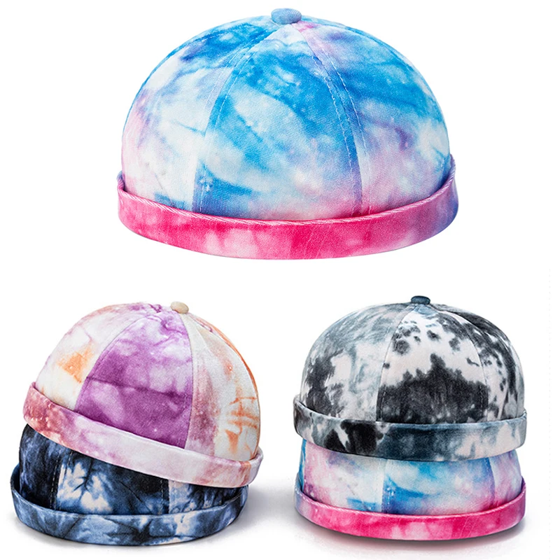 New Unisex Tie-dye Brimless Men Hip-hop Dome Melon Hat Leather Personality Women Outdoor Rolled Cuff Harbour No Visor Skull Cap