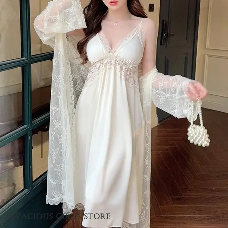 

Сексуальный перспективный кружевной длинный халат, комплект ночной рубашки, шелковистая тонкая атласная ночная рубашка, ночная рубашка, новая летняя женская домашняя одежда, нижнее белье