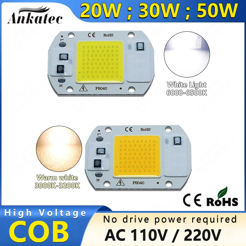 Perle de puce LED COB, 3000K, 6000K, 20W, 30W, 50W, AC 110V, 220V, IC intelligent, pas besoin de pilote, budgétaire d'ampoule LED bricolage, lampe extérieure