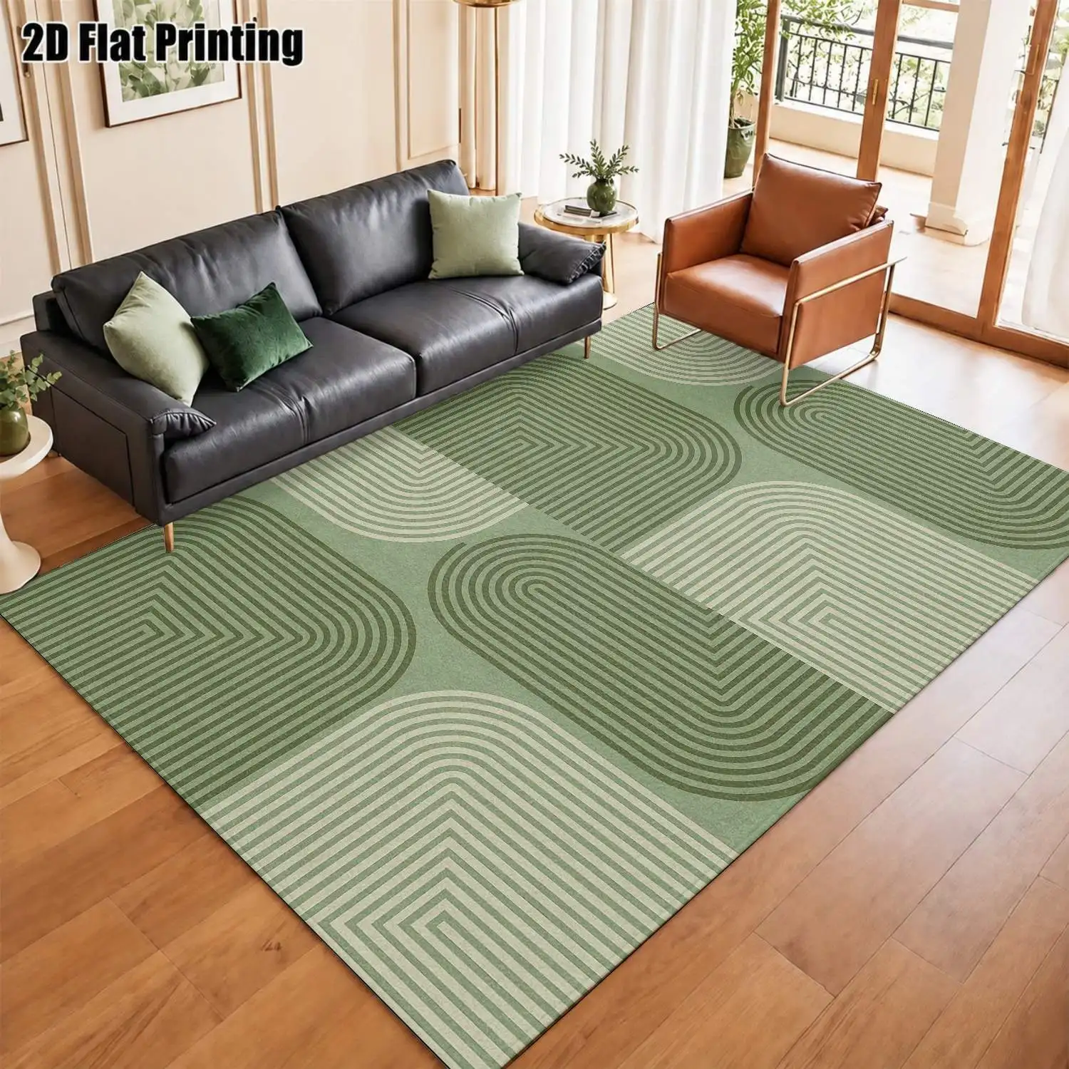 1Pc 2D Printed Green Geometric Stripe Nordic Modern Minimalist Retro Carpet, Instagram-Style Floor Mat, Machine Washable, Multi-Size Home Decor for Entryway, Dining Room, Foyer, Bedroom, Living Room