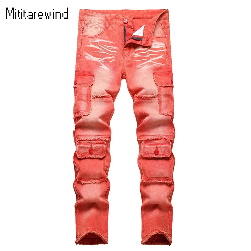 

American Mens Slim Jeans High Street Cargo Pants Men 95% Cotton Multi-pocket Straight Orange Red Jeans Youth Trend Mens Trousers