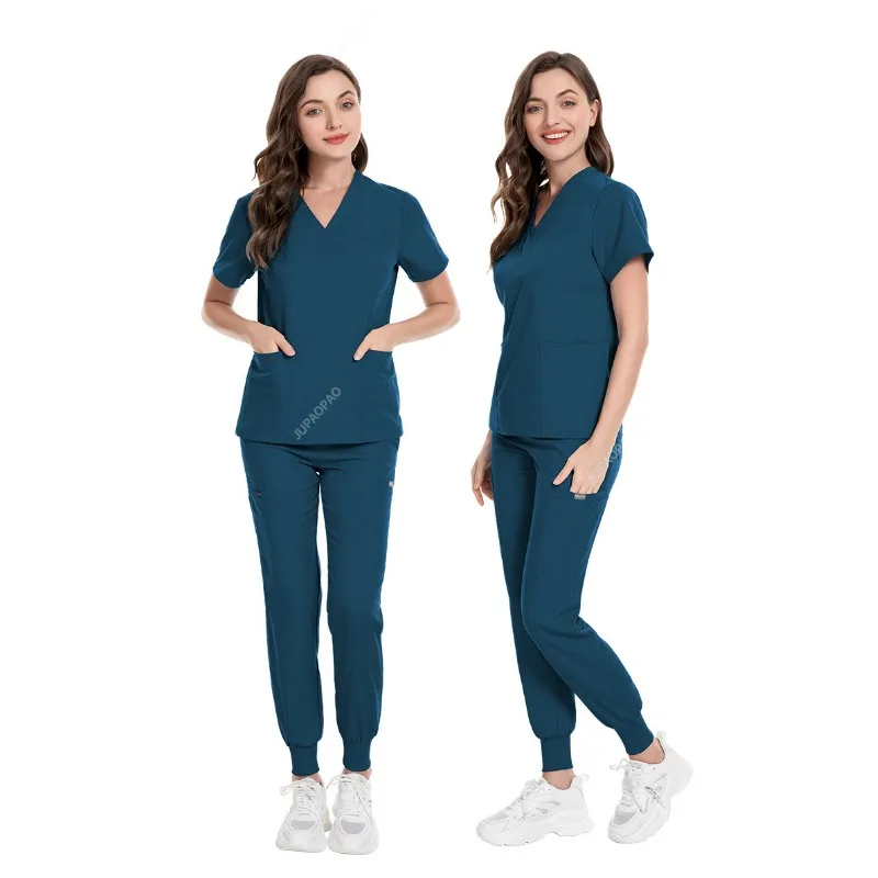 Multicolour Jogger Suits Doctor Nursing Uniforms Short Sleeve V-neck Tops Pocket Pants Nurse Scrubs Set Medical Clinical Clothes