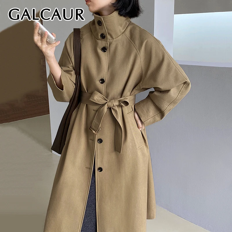 

GALCAUR Solid Office Temperament Women Jackets Stand Collar Long Sleeve High Waisr Spliced Lace Up Trench Coat Female Autumn New