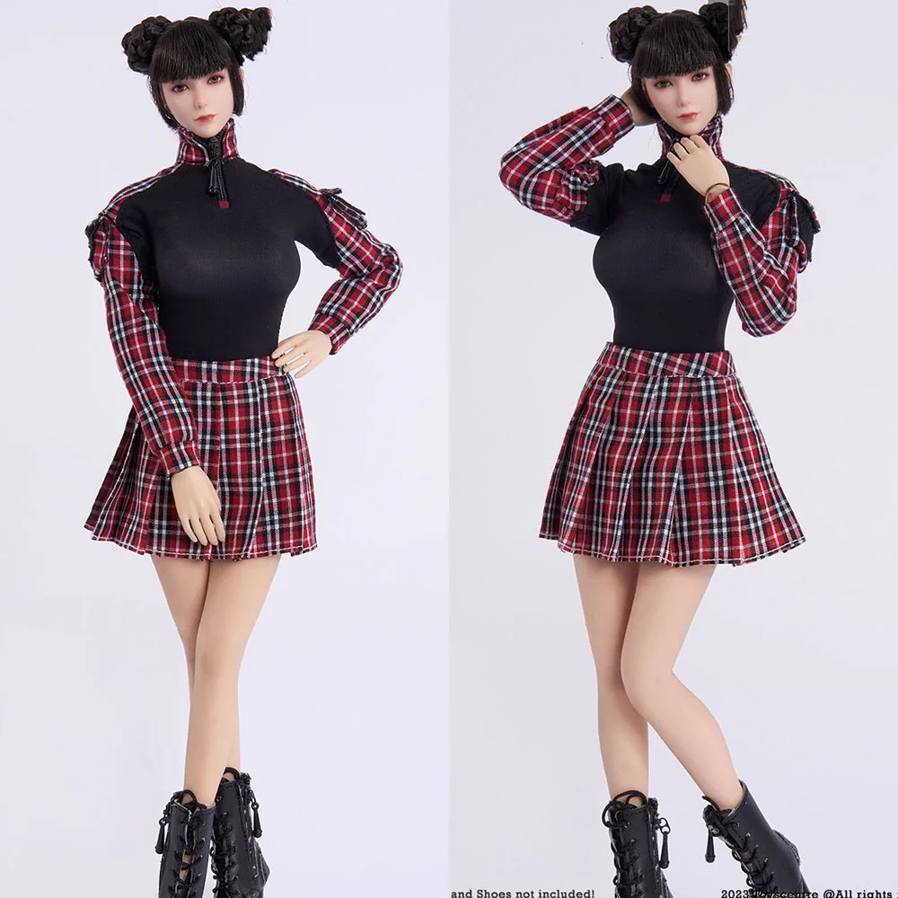 Toycenter TCT-030 1/6 Female Soldier Costume Set with Slim Long-Sleeve Red Plaid Shirt Pleated JK Skirt for 12