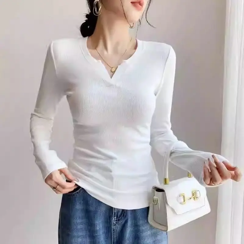 

Весенне-осенняя однотонная женская одежда с v-образным вырезом и длинными рукавами, пуловер, повседневная футболка, модные эстетические универсальные топы