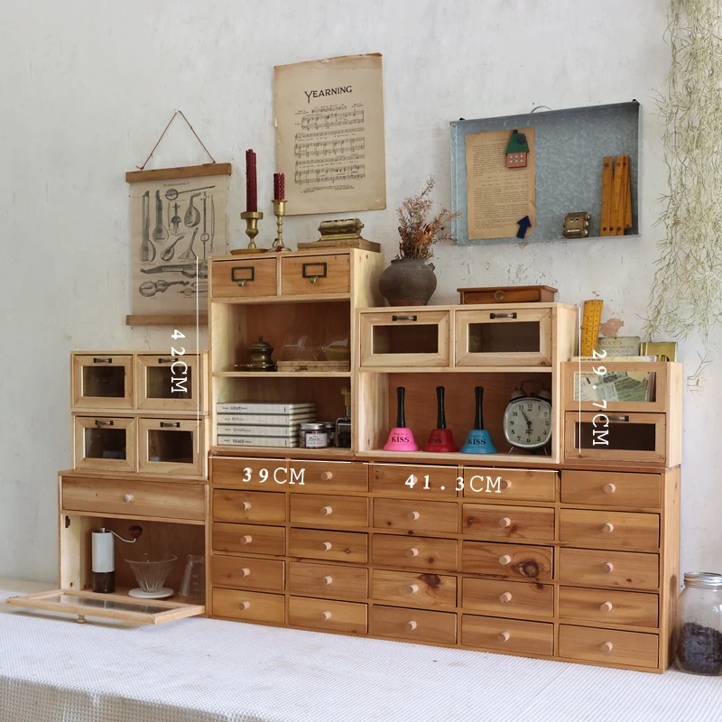 Vintage Japanese Style Wooden Desktop Storage Organizer with Drawers for Coffee Cups Notebooks Stationery Bins