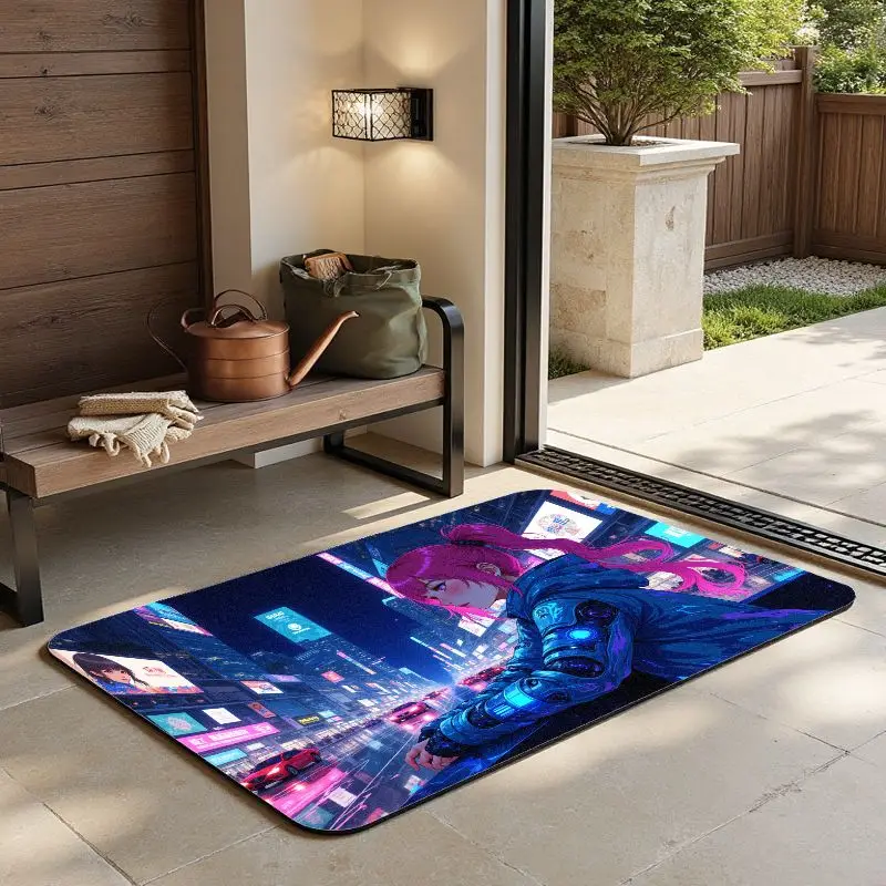 

MatMuse Cyberpunk Cityscape Hoodie Girl Soft Diatomaceous Earth Mat Floor mats Modern Easy Care Non-Slip Eye-Catching Door Mats