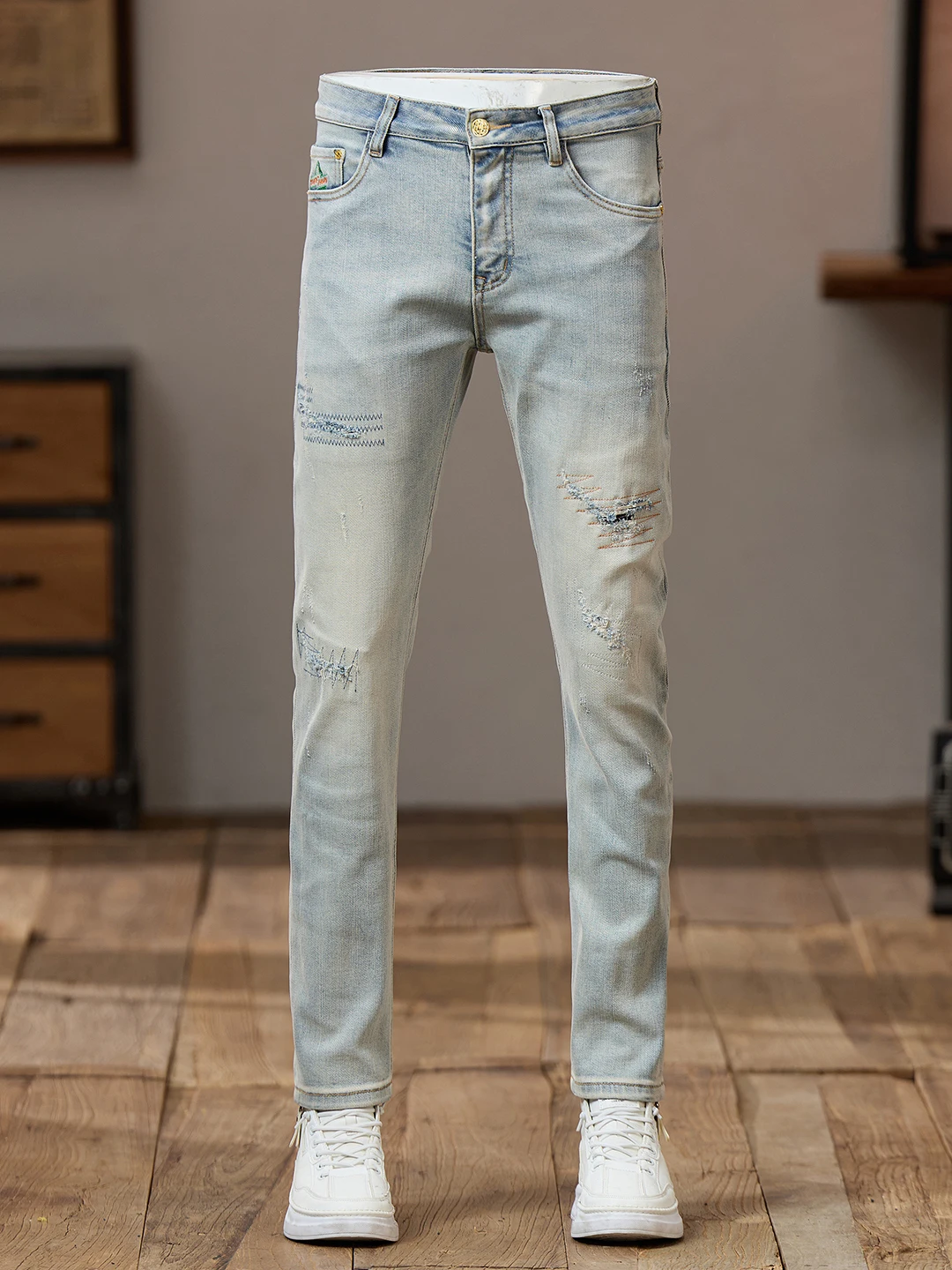 

Retro Patchwork Spring Autumn Men's Jeans Elastic Slim Fit Casual Long Pants Cotton Stretch Denim mid Waist Wear Resistant