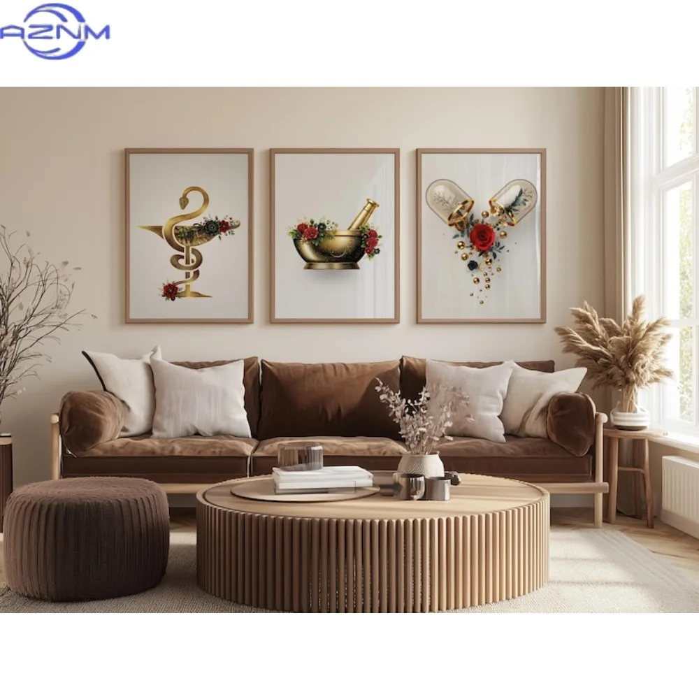3pcs Frameless Canvas Painting Red Pharmacy Wall Art Set of 3: Golden Caduceus, Mortar and Pestle
