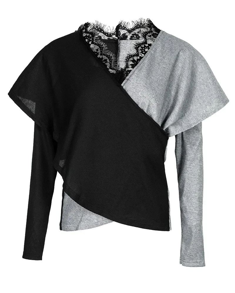 Colorblock Contrast Lace V-Neck Wrap Sweater Women Sexy Autumn Winter Long Sleeve Fashion Casual Pullover Knitwear