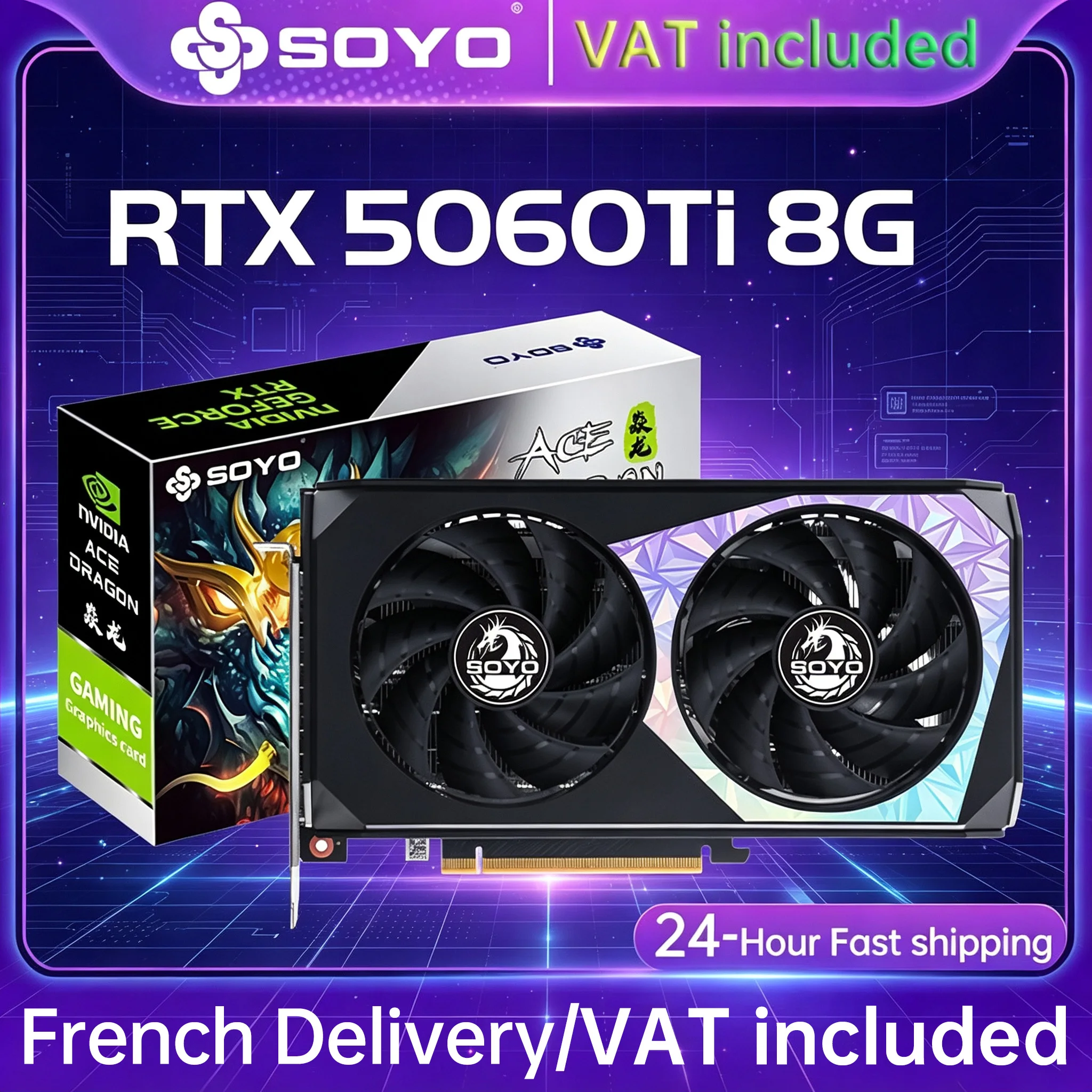 Carte graphique de jeu SOYO RTX5060TI 8G NVIDIA GeForce 128Bit GDDR7 8Pin PCIE5.0 ‌ Composants d'ordinateur de bureau x8 HDMI+3*DP Dualfan