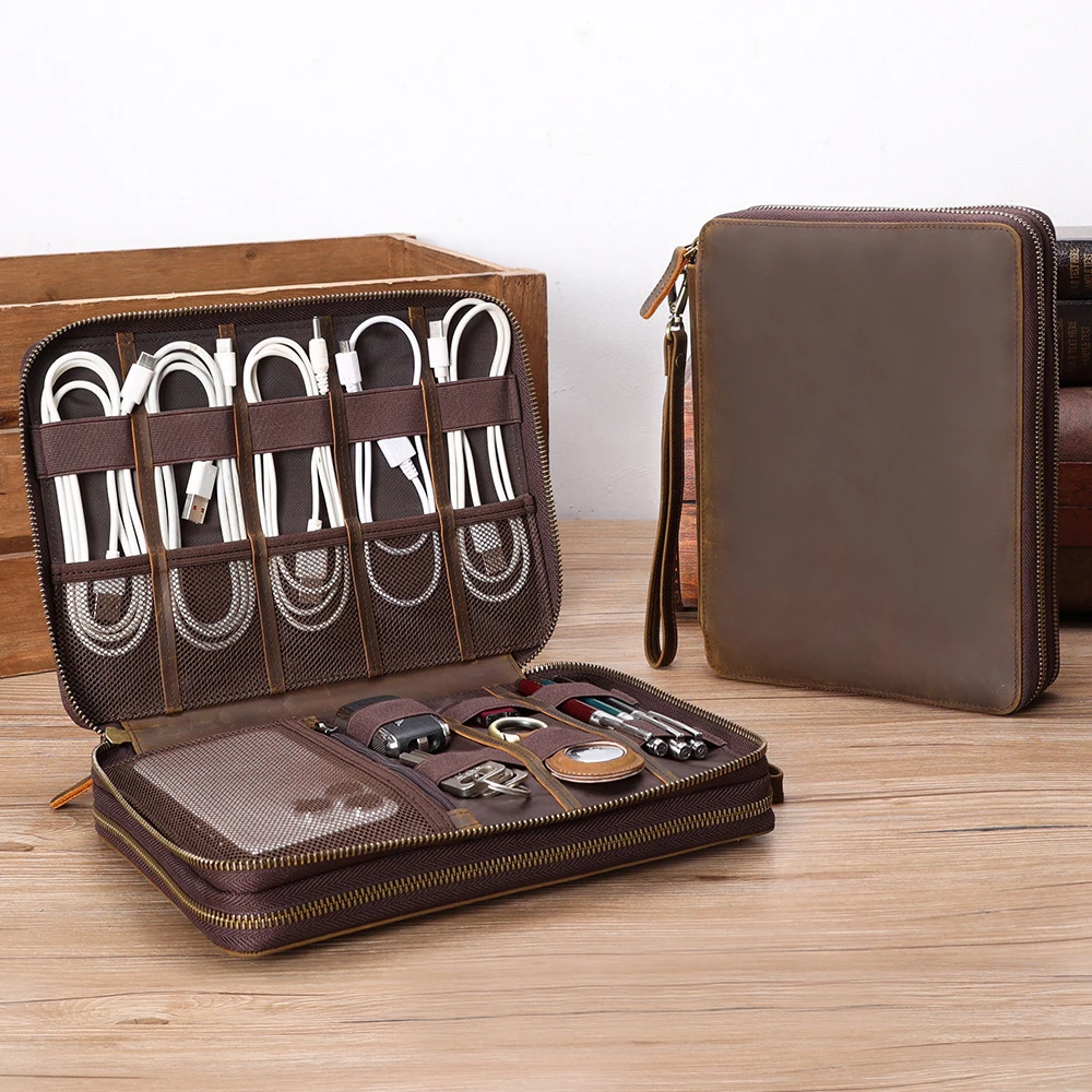 전체 곡물 가죽 여행 케이블 액세서리 가방 전자 주최자 전원 은행 남자 클러치에 대 한 운반 케이스 보관 가방