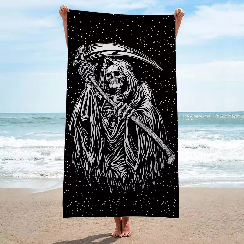 Black Skull Death Printed Quick Dry Soft Microfiber Beach Towel Large Spa Fashion Towel for Men And Women Halloween Gift