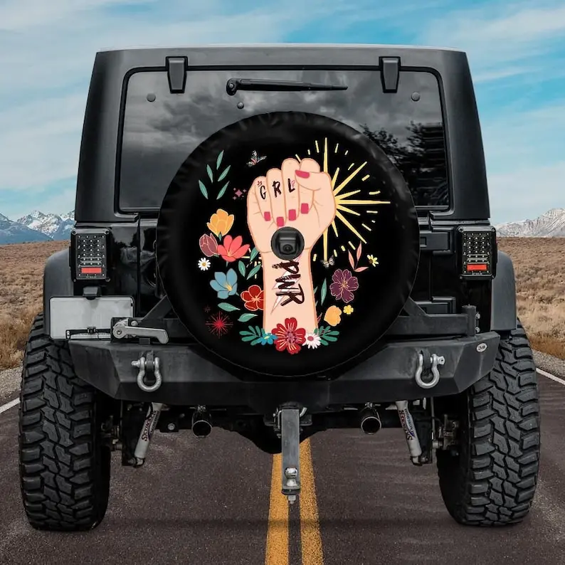 Girl Power Tire Cover, Floral tire cover for Jeep for Bronco, RVs and campers, Strong woman Empowerment tire cover, backup camer