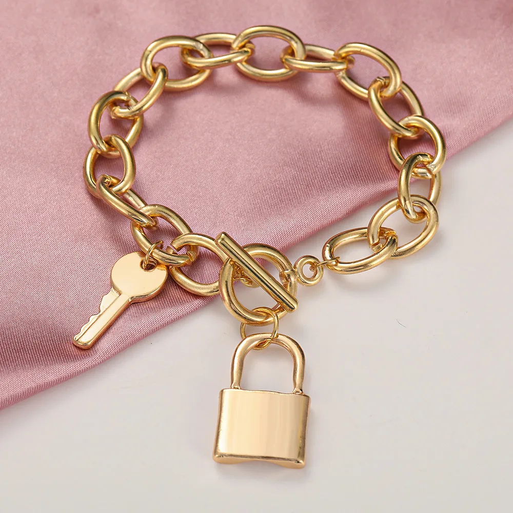 Thick Chain Link Hip Hop Punk Gold Plated Metal Key Lock Chain Bracelet for Women Fashion Multilayered Bangles Bracelet Jewelry