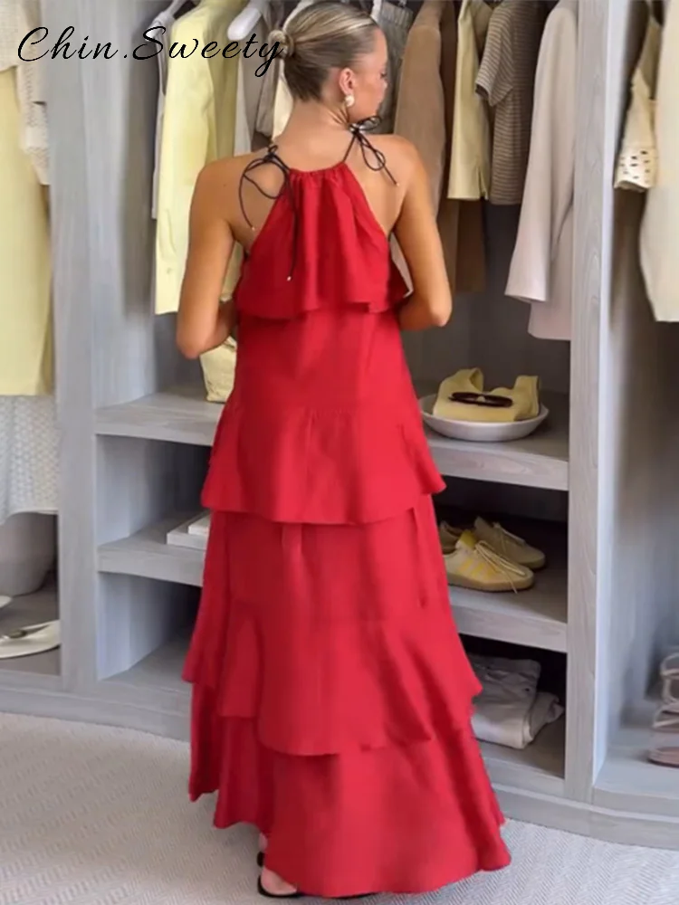 Elegante halter em camadas plissado vestido longo feminino sólido solto sem mangas rendas até vestidos 2025 verão senhora praia férias roupas