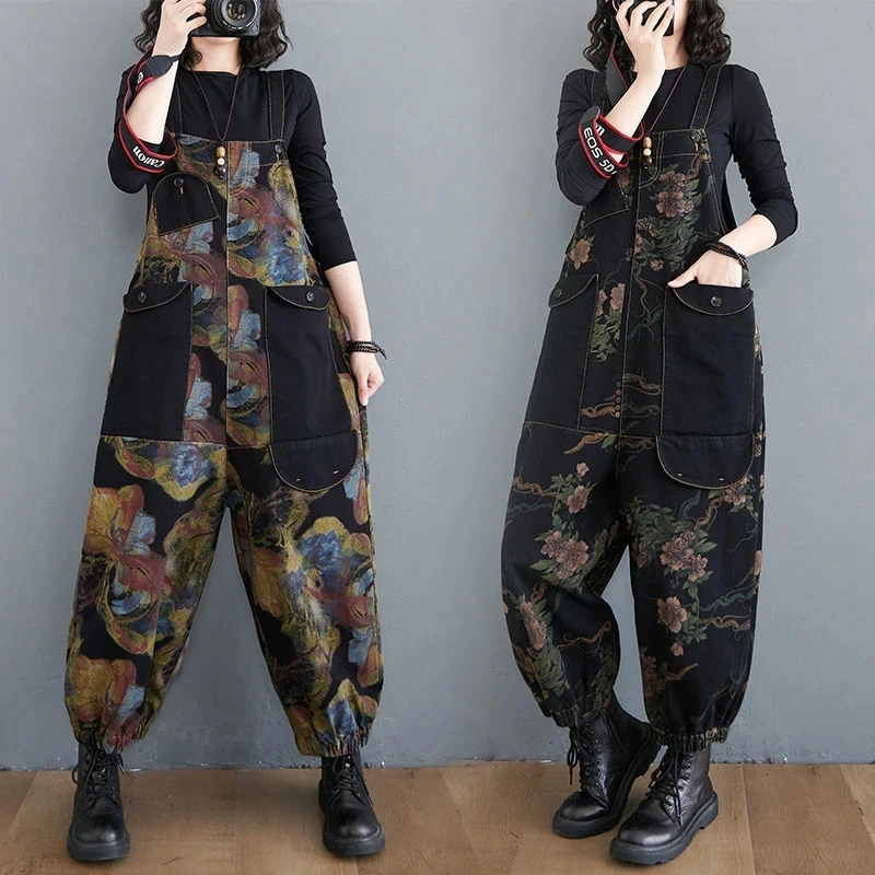 

Korean Loose Spring Summer Fashion Retro Printing Denim Suspenders Pants Women Casual Jeans Harem Overalls Straps Rompers Female