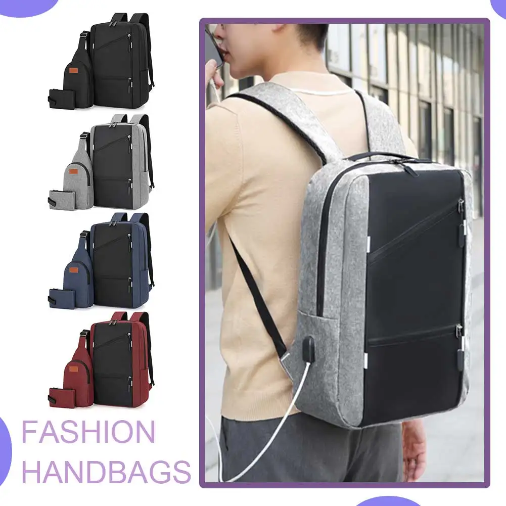 3Pcs Casual Bag Set Laptop Backpack Travel Book Bag Multifunction Long Pouch With USB Interface Anti Theft for Business Trip
