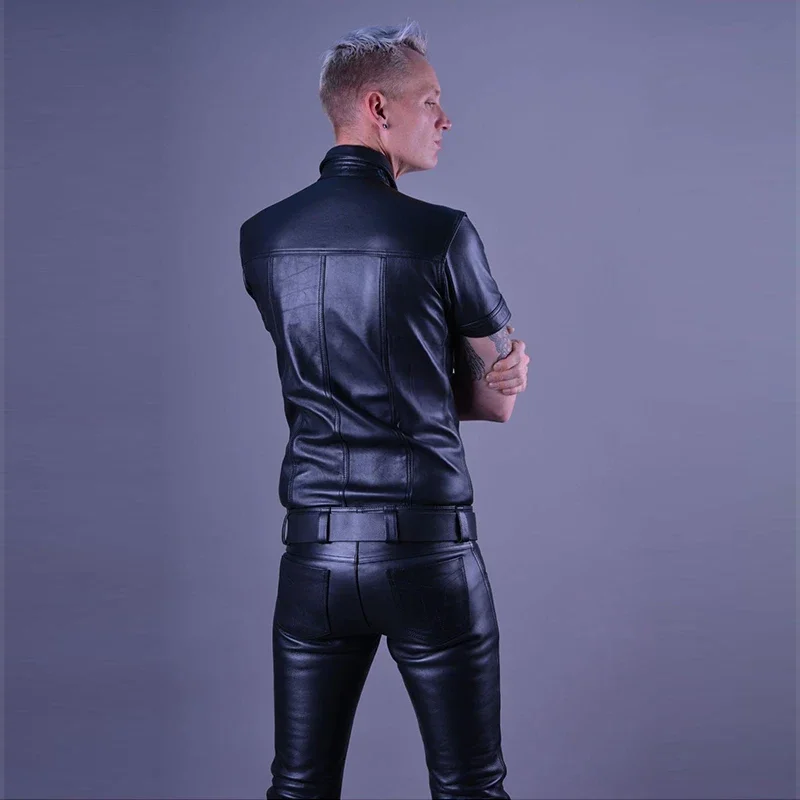 Men's Faux Latex Matte Leather Turn-down Collar Short Sleeve T-Shirt Coat Male Chic Single Row Buckle PU Jackets Shirt Custom