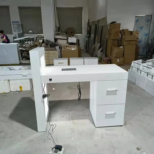 

Modern White Glass Nail Desk for Beauty Salon LED Light & Dust Collector Equipment Storage Manicure Table