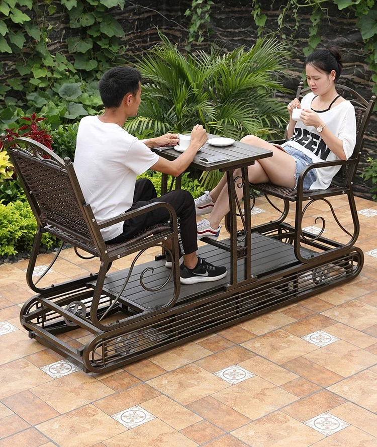 Outdoor Four-Person Rocking Chair Rattan Chair Outdoor Balcony Glider Double Swing Courtyard Garden Power Rocking Chair