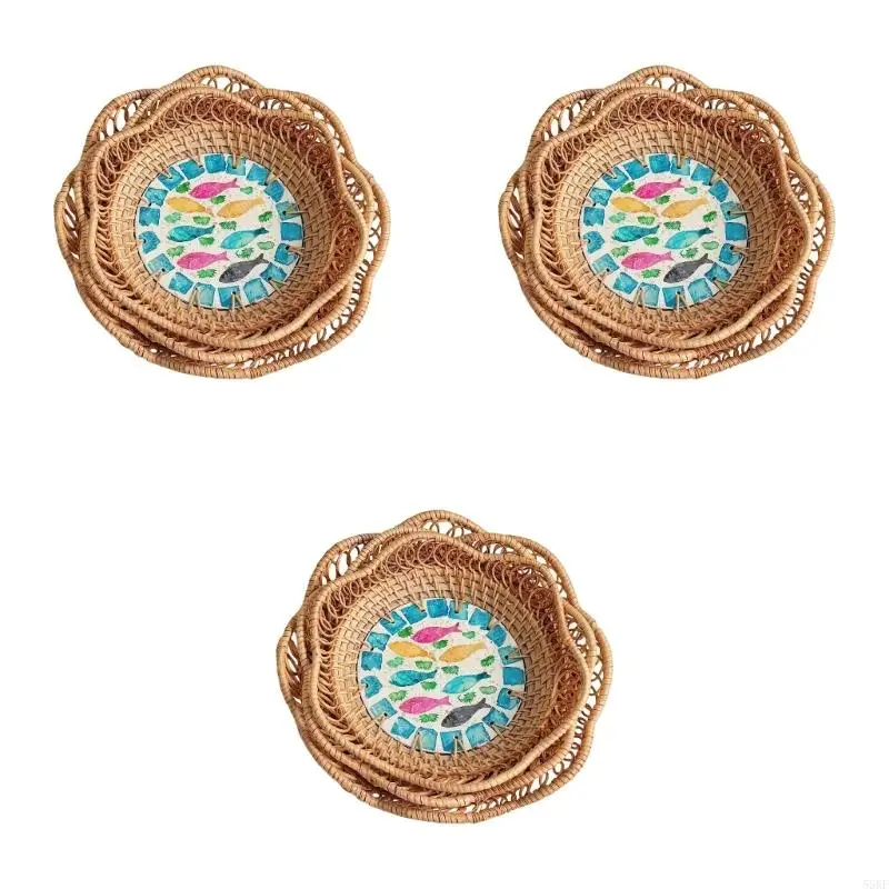 Handcrafted Basket Set with Natural Shell Inlay and Round Forms 55KF