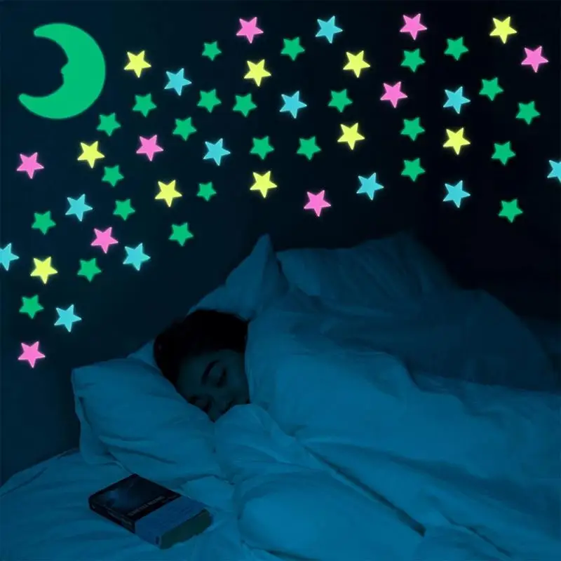 Glow Stars For Ceiling Star Ceiling Stickers 100 Pieces Moon And Stars Decor Glowing Wall Stickers Removable Kids Wall Stickers