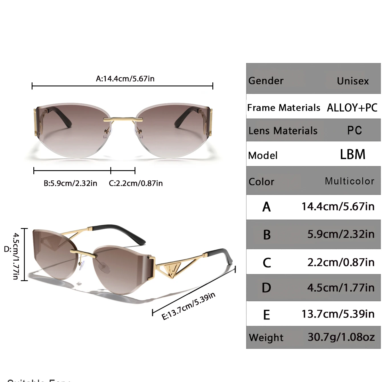 Women Rimless Metal‑Frame UV400 Sunglasses, Trendy Fashion Glasses for Cycling Outdoor Sports Shopping