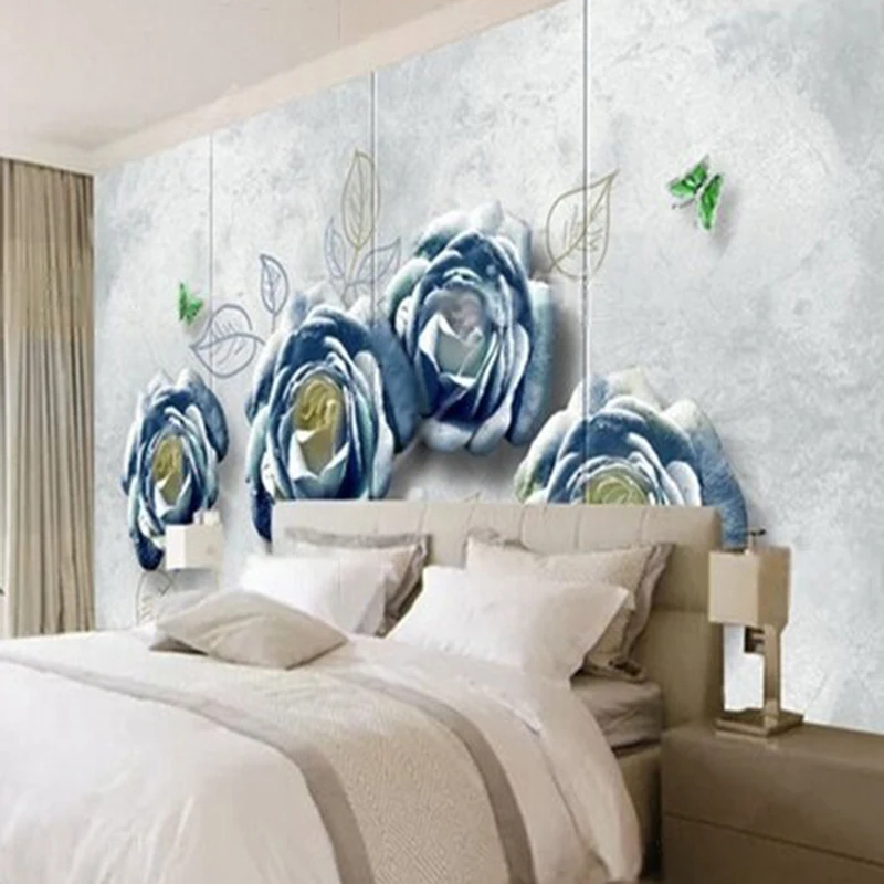 MU9123 Modern and simple blue rose hand-painted leaves three-dimensional butterfly home decoration TV background wall