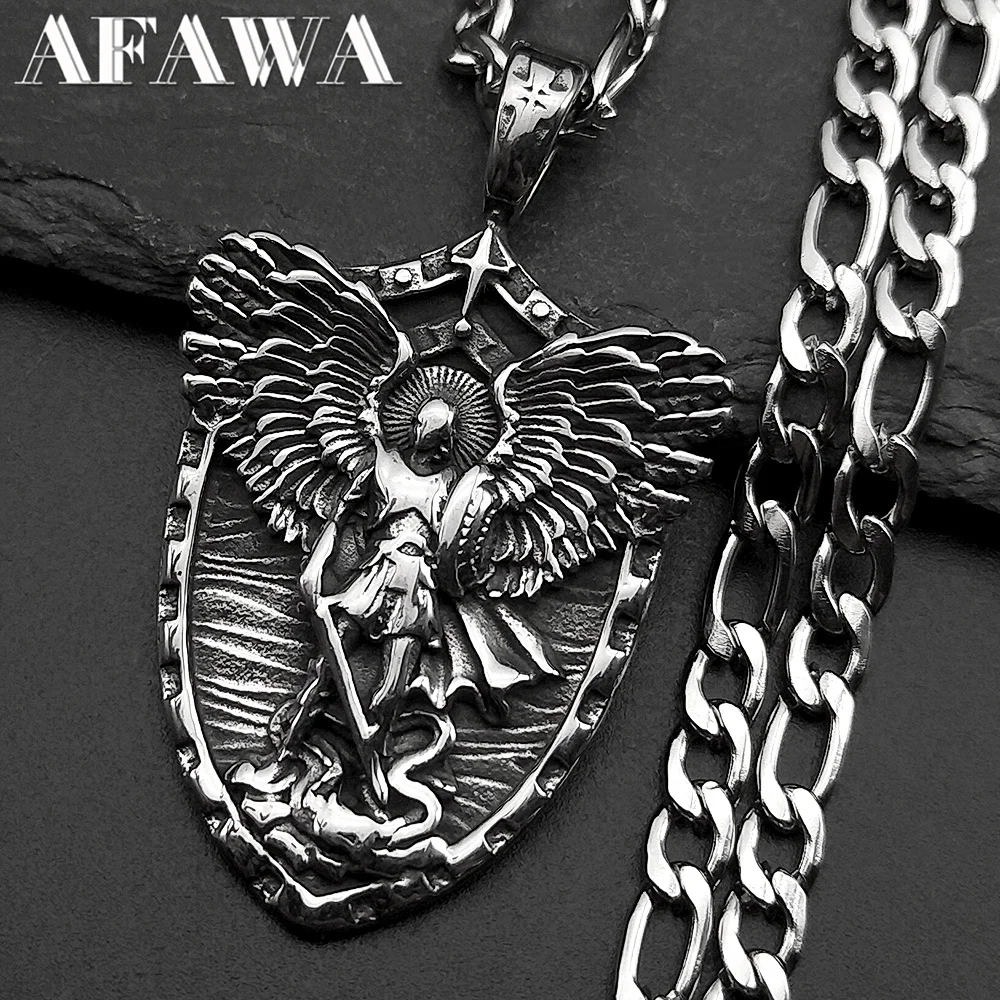Vintage Saint Michael Archangel Pendant Necklace for Women Men Stainless Steel Silver Color Knight Shield Chain Amulet Jewelry