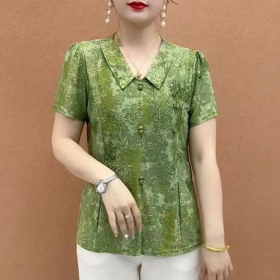 

High-end Rich Woman Short-sleeved Shirt for Women Printed Ice Silk Top
