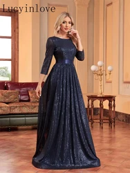 Lucyinlove Luxury O-Neck Long Sleeves Sequins Formal Evening Dress Women 2024 Wedding Party Prom Maxi Cocktail Dresses Vestidos