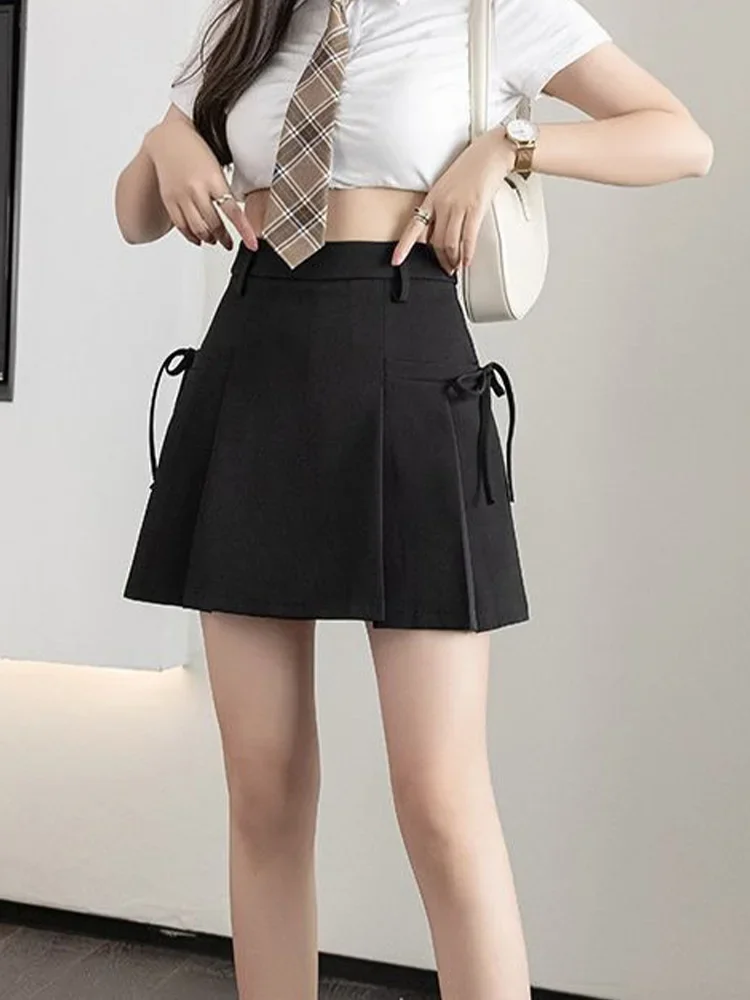 Black Mini Skirts for Women New High Waisted Pleated Skirts Lace Up Chic A-Line Korean Pocket Y2k Skirt with Lined Skirts