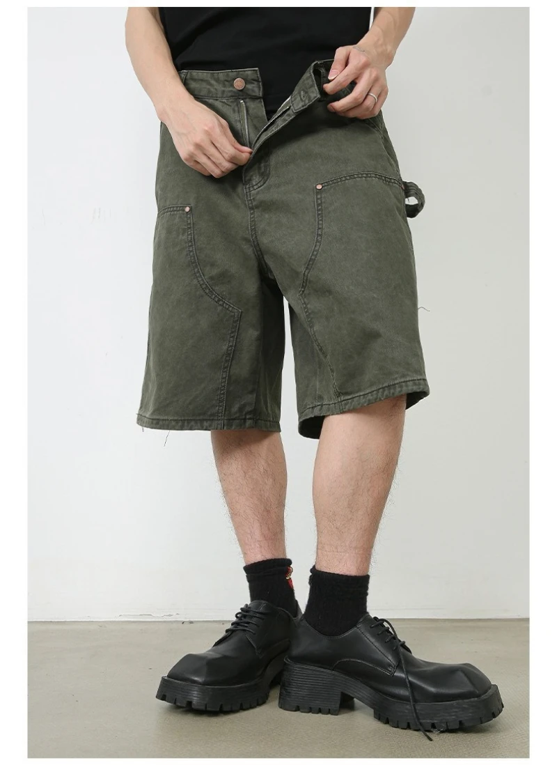 Men Denim Shorts Multi Pockets Design American Style Jeans Solid Color Trendy Straight Wide Leg Washed Male Bottoms